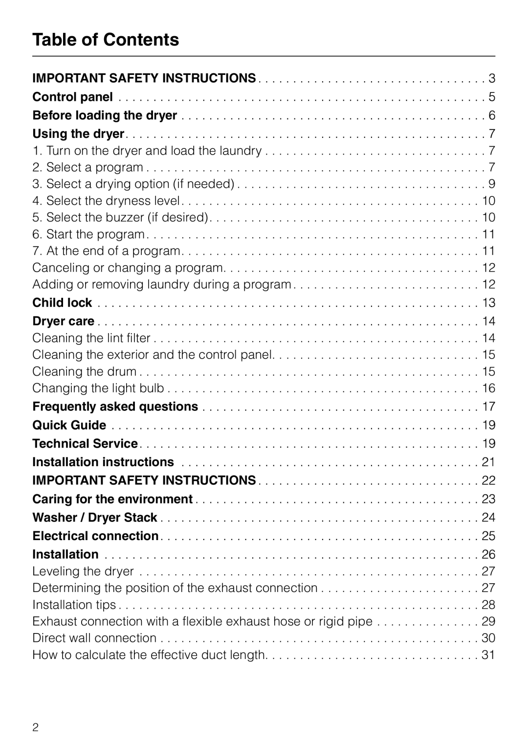 Miele T 1413 T 1415 operating instructions Table of Contents 