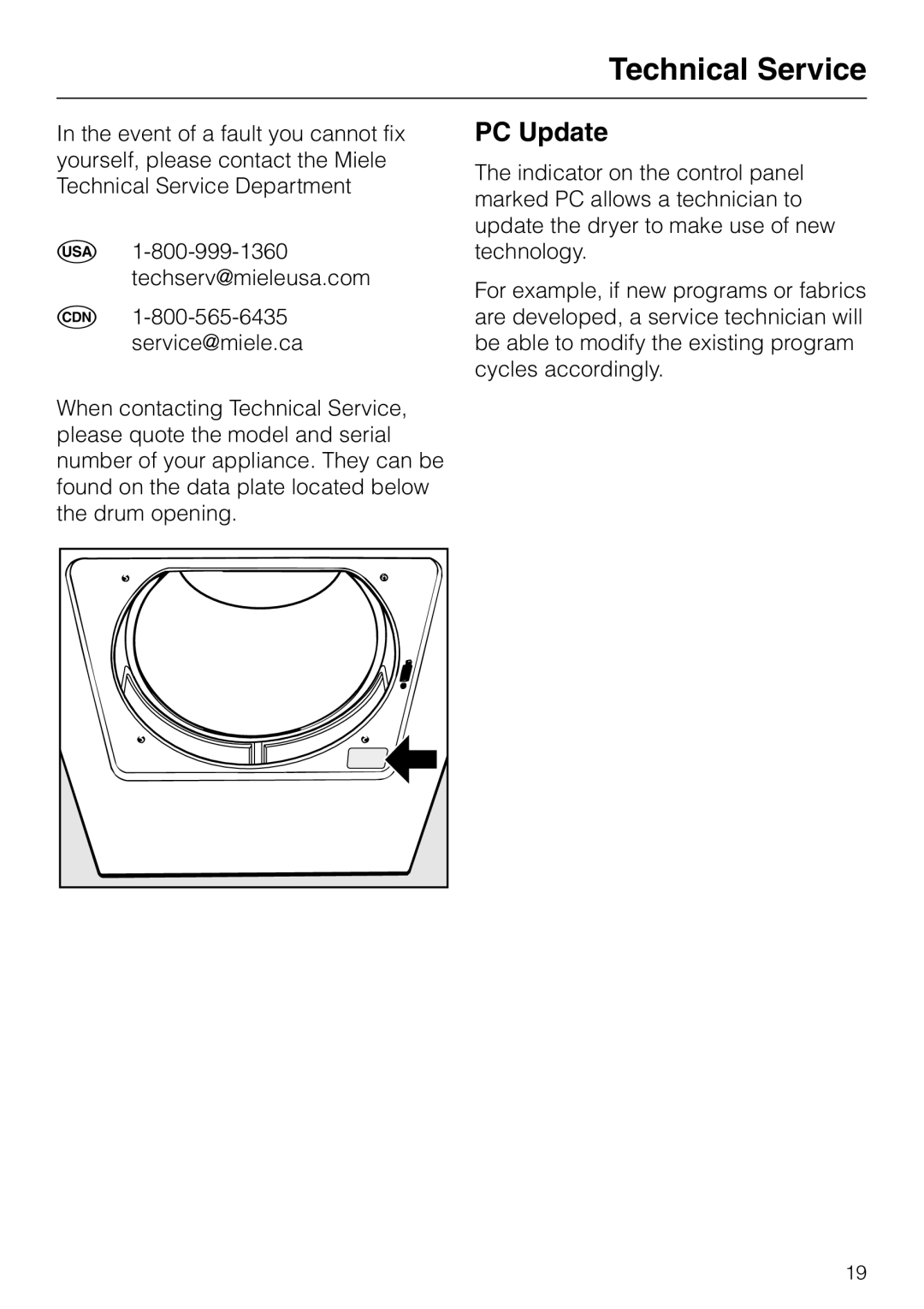 Miele T 1413 T 1415 operating instructions Technical Service, PC Update 