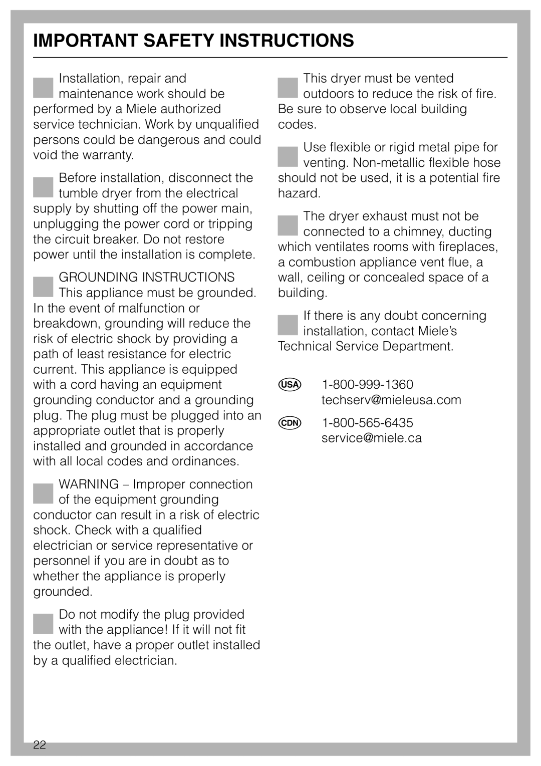 Miele T 1413 T 1415 operating instructions Important Safety Instructions 