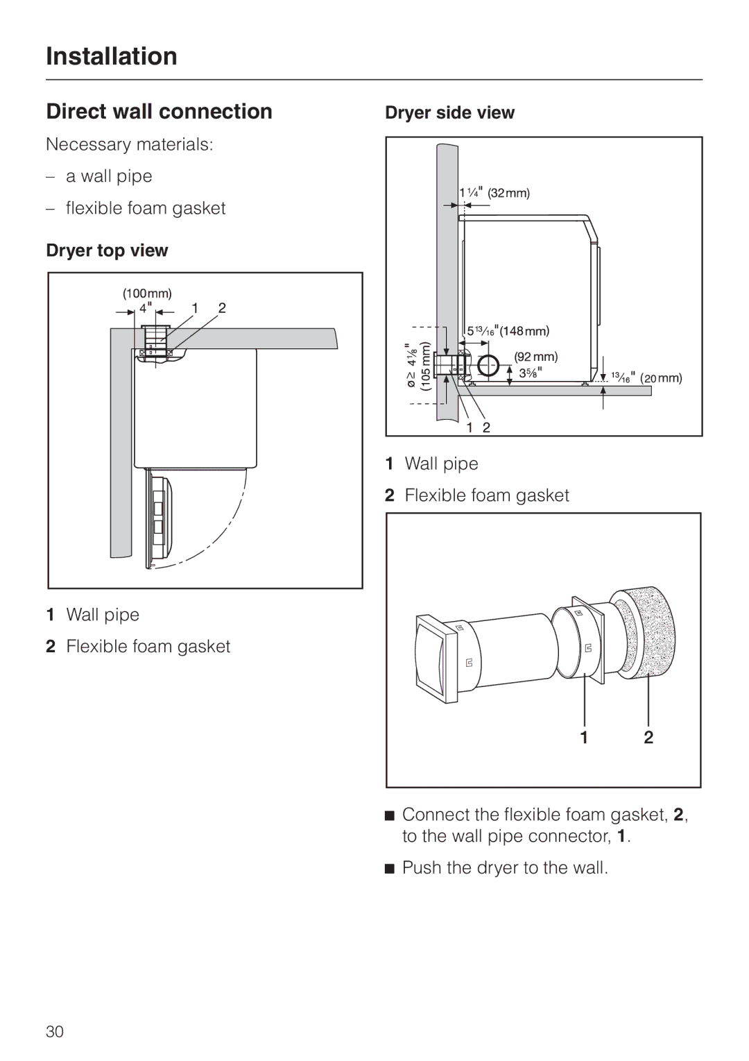 Miele T 1413 T 1415 operating instructions Direct wall connection, Dryer top view 