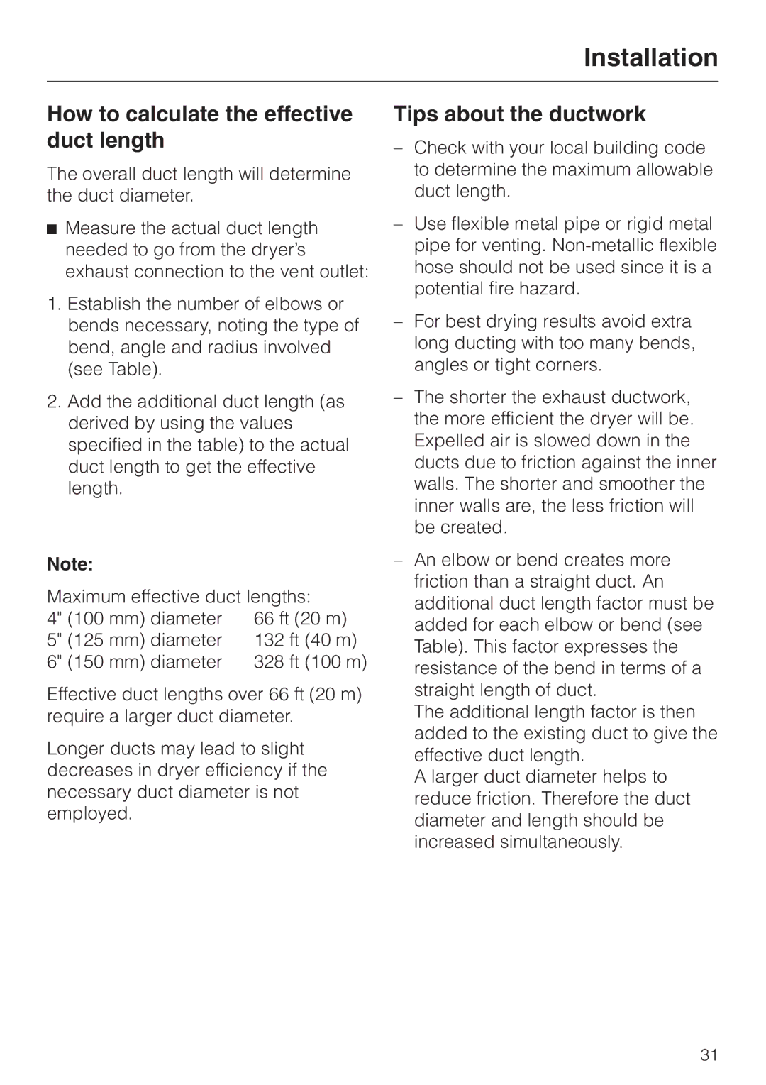 Miele T 1413 T 1415 operating instructions How to calculate the effective duct length, Tips about the ductwork 