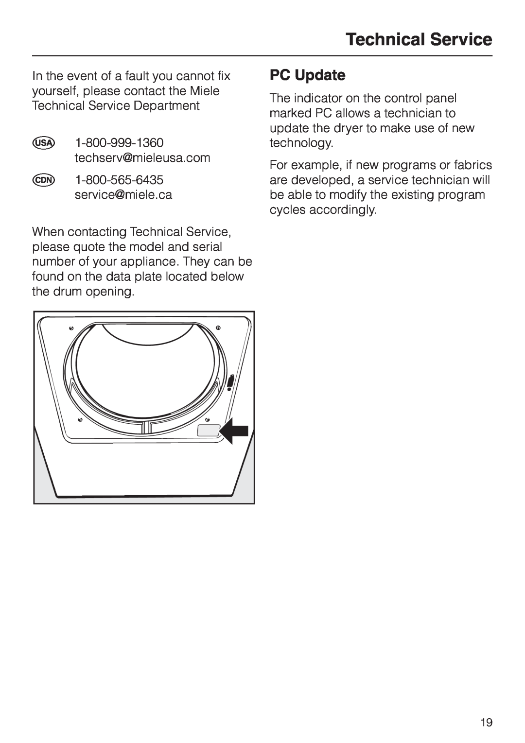 Miele T 1413 T 1415 operating instructions Technical Service, PC Update 