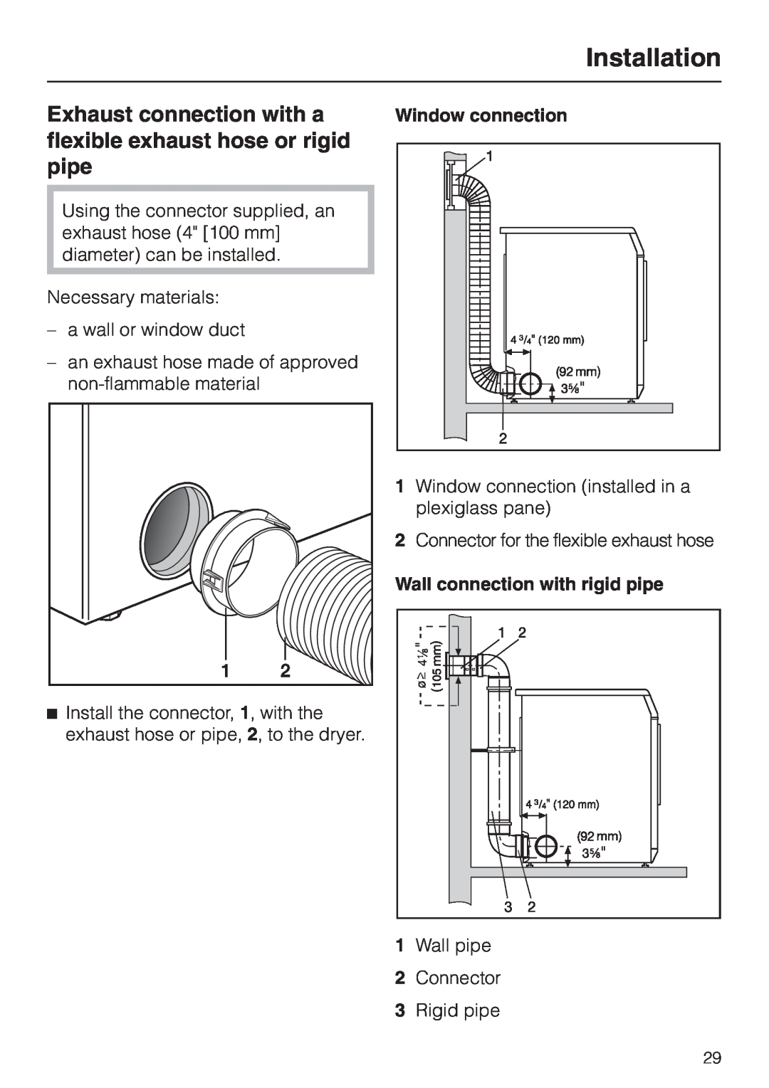 Miele T 1413 T 1415 Exhaust connection with a flexible exhaust hose or rigid pipe, Window connection, Installation 