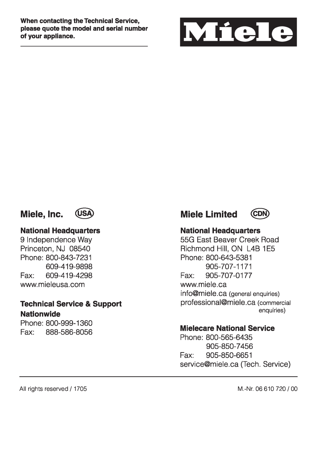Miele T 1413 T 1415 operating instructions All rights reserved, M.-Nr. 06 610 720 