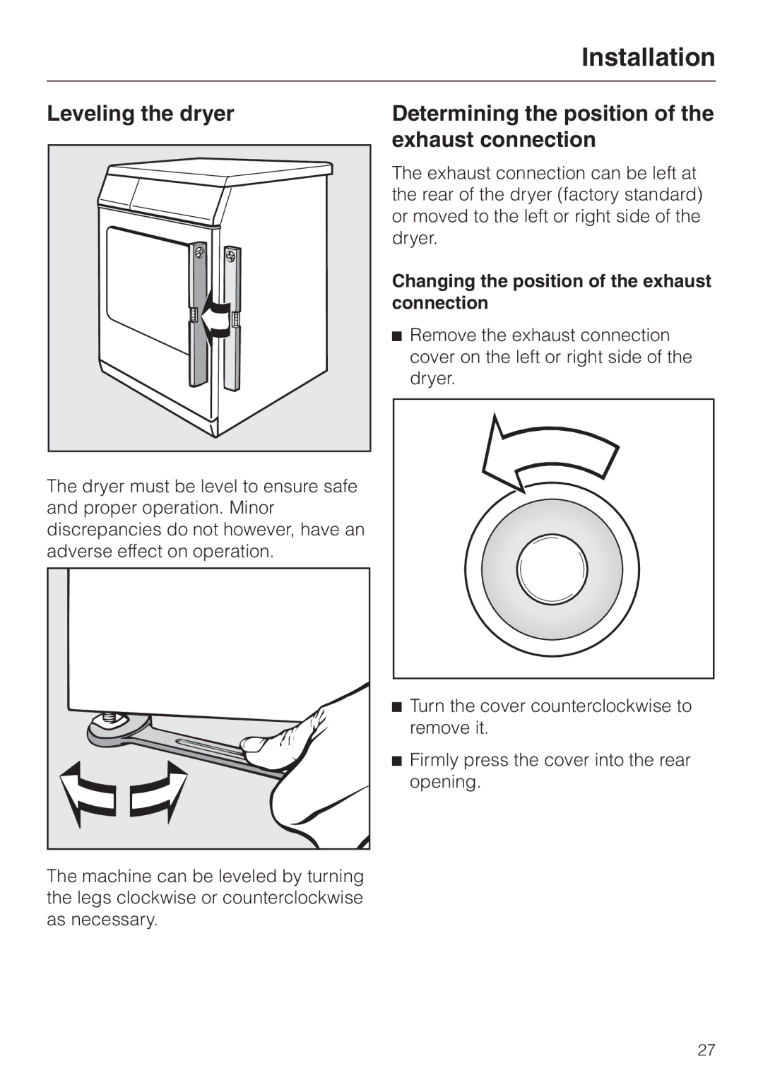 Miele T 1413, T 1415 Installation, Leveling the dryer, Determining the position of the exhaust connection 