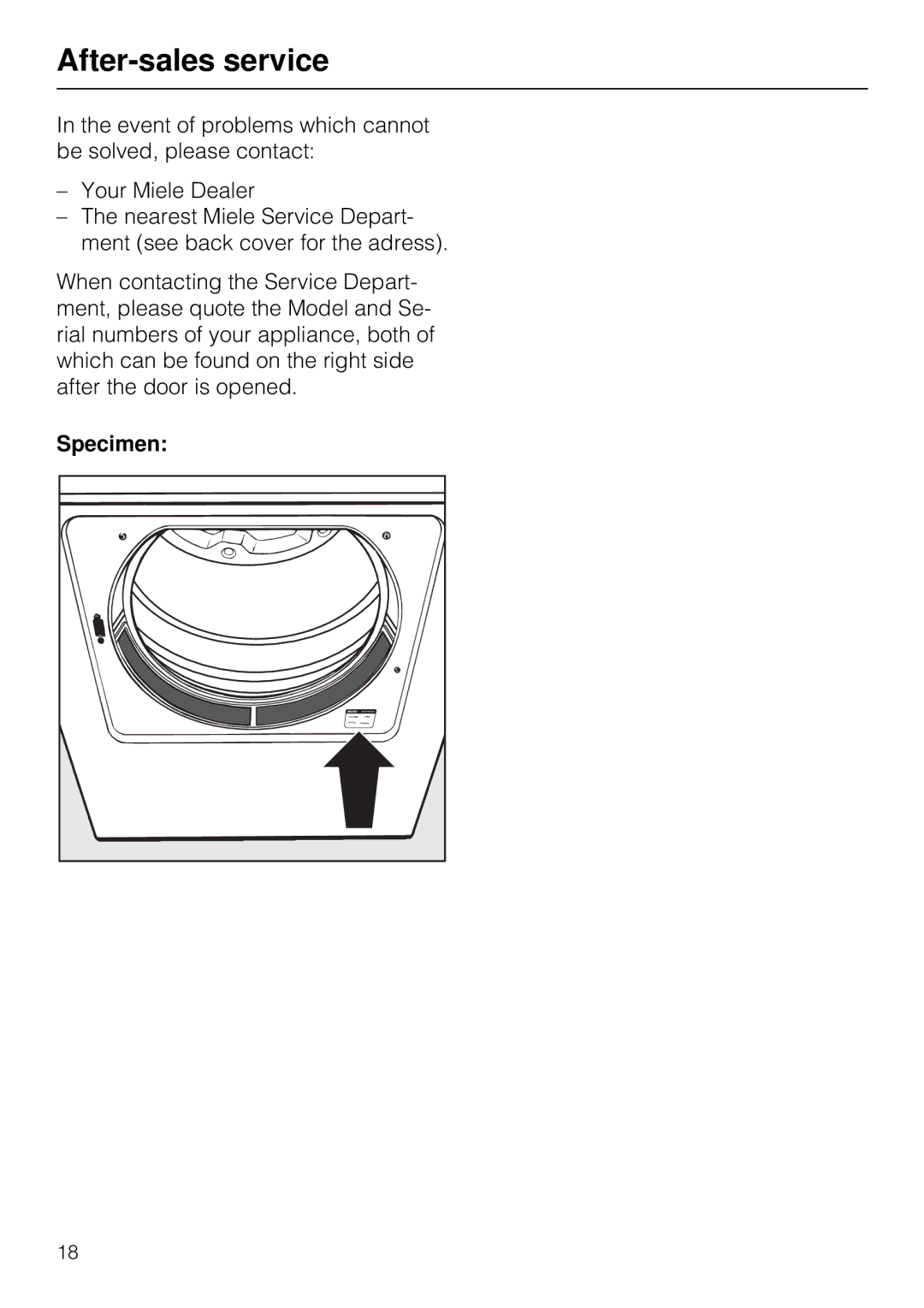 Miele T 1515 operating instructions After-sales service, Specimen 