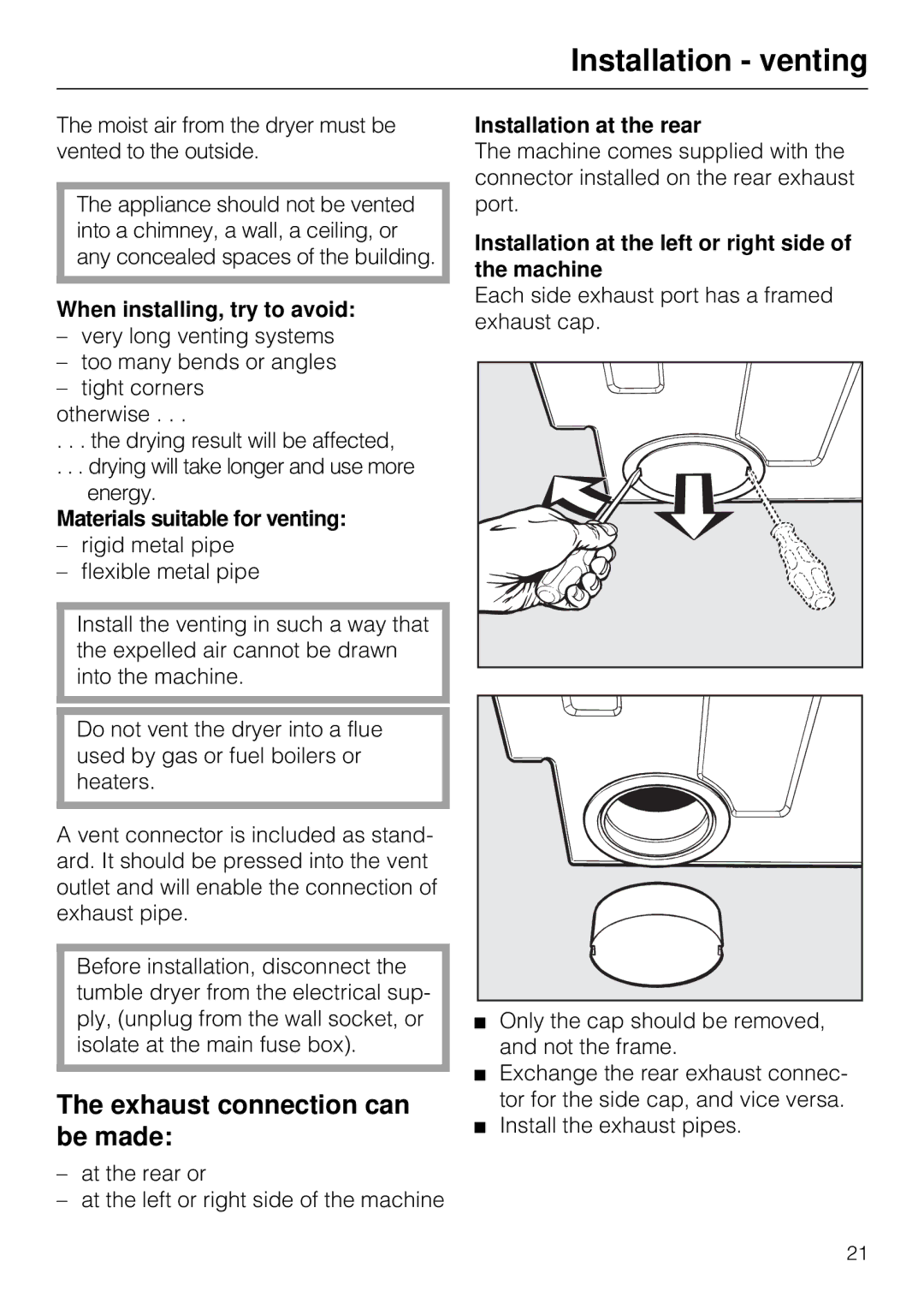 Miele T 1515 operating instructions Installation venting, Exhaust connection can be made 