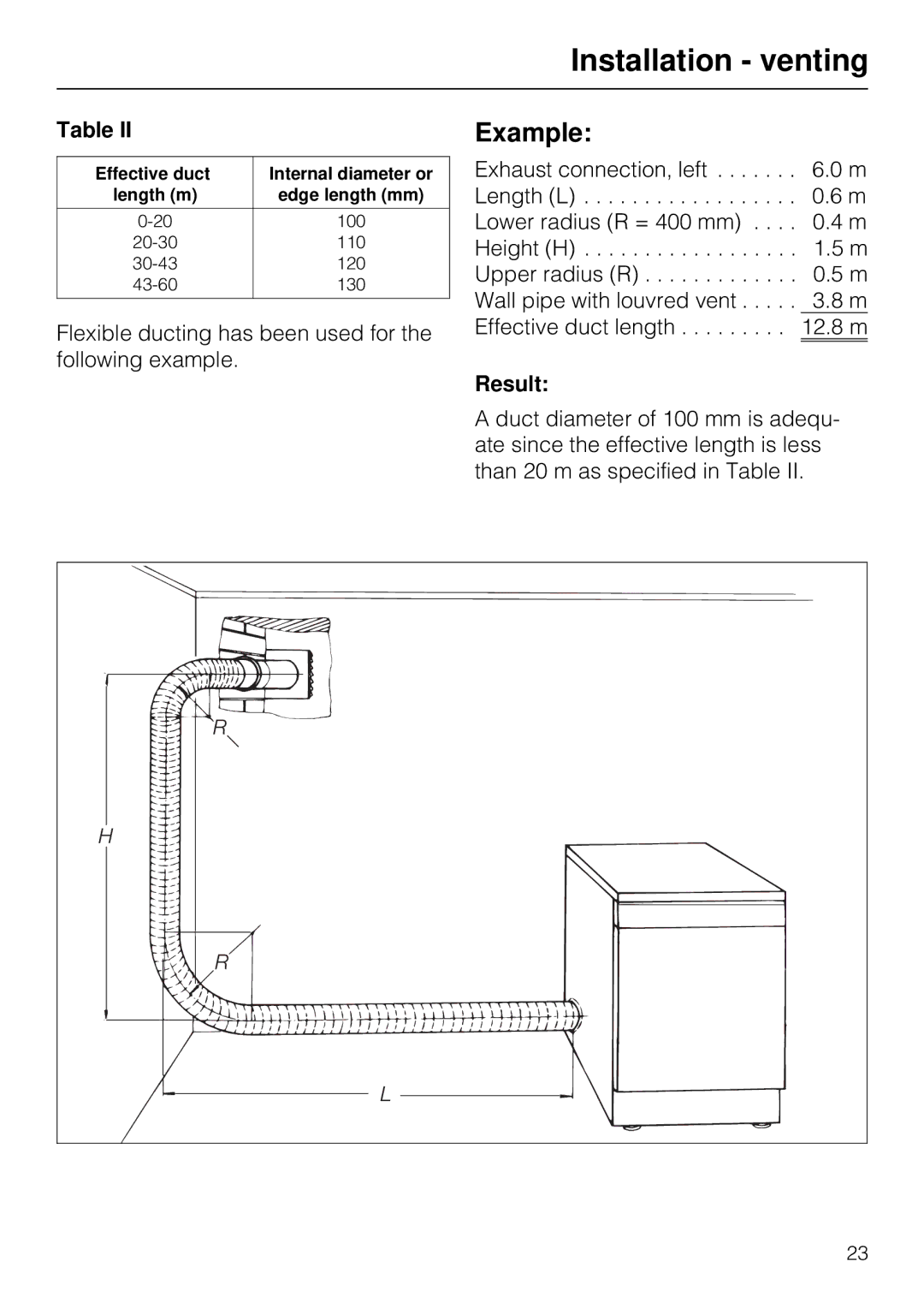 Miele T 1515 operating instructions Example, Result, Effective duct Internal diameter or Length m 