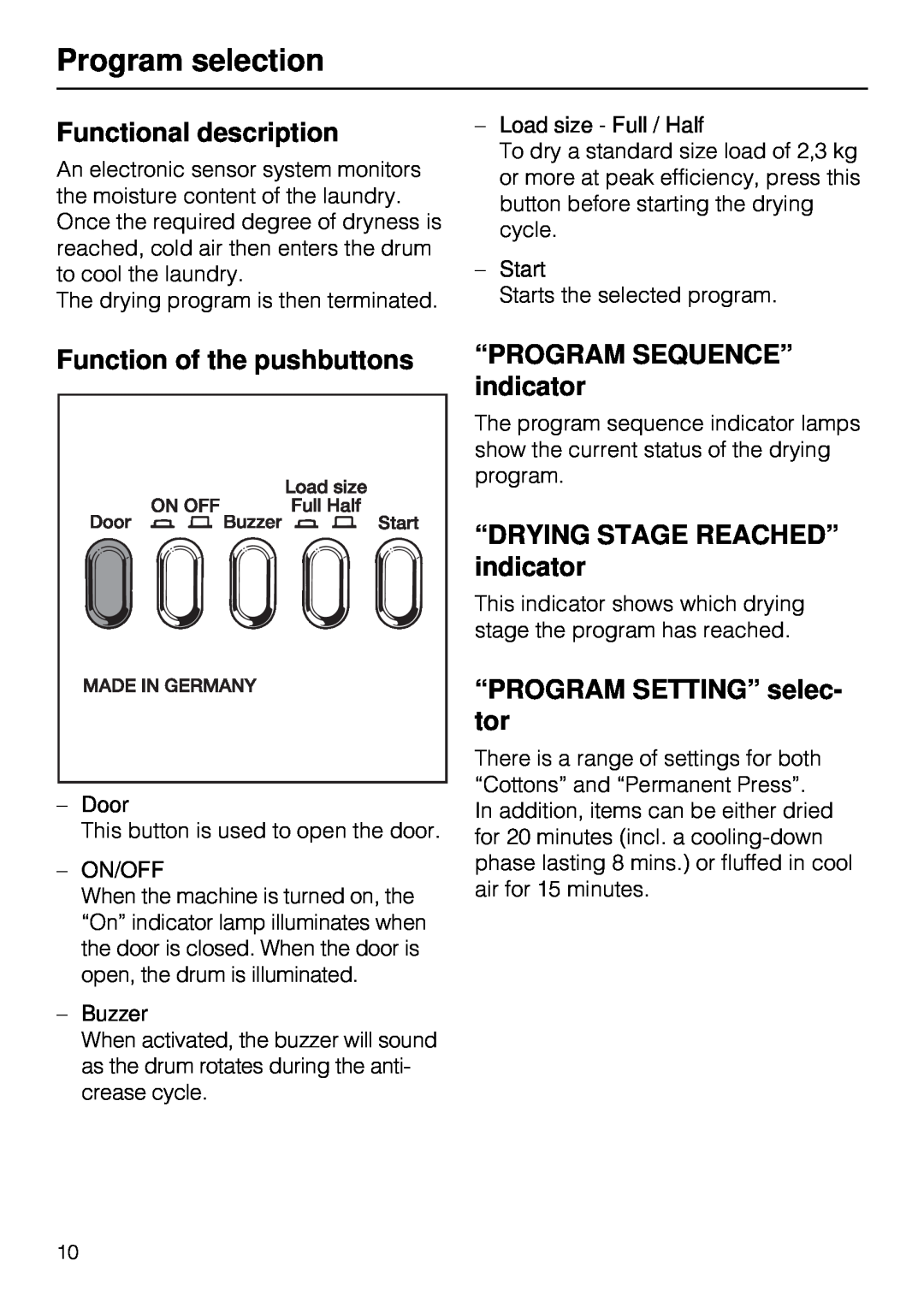 Miele T 1515 Program selection, Functional description, Function of the pushbuttons, “Program Sequence”, indicator 