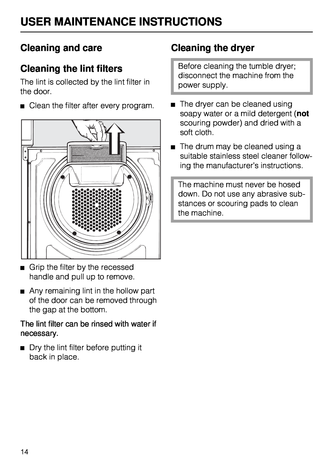 Miele T 1515 User Maintenance Instructions, Cleaning and care Cleaning the lint filters, Cleaning the dryer 