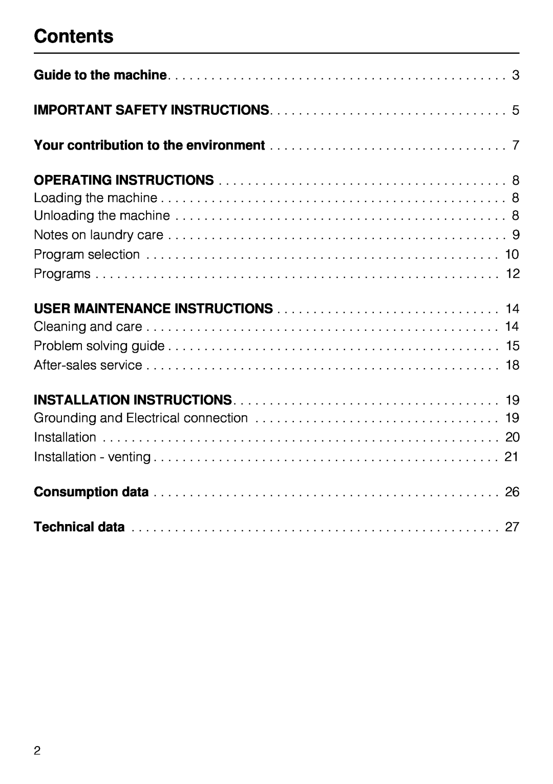 Miele T 1515 Contents, Guide to the machine IMPORTANT SAFETY INSTRUCTIONS, Your contribution to the environment 