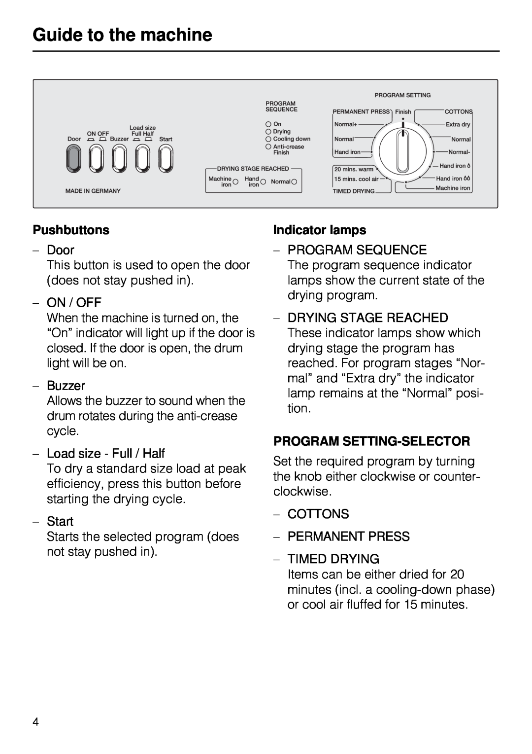 Miele T 1515 operating instructions Pushbuttons, Indicator lamps, Program Setting-Selector, Guide to the machine 