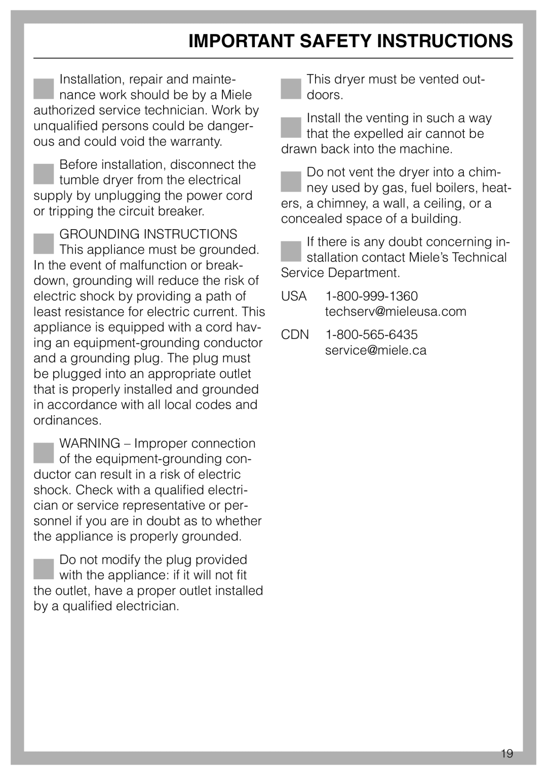 Miele T 1520 operating instructions Important Safety Instructions 