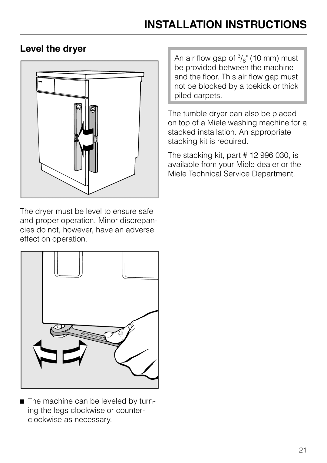 Miele T 1520 operating instructions Level the dryer 