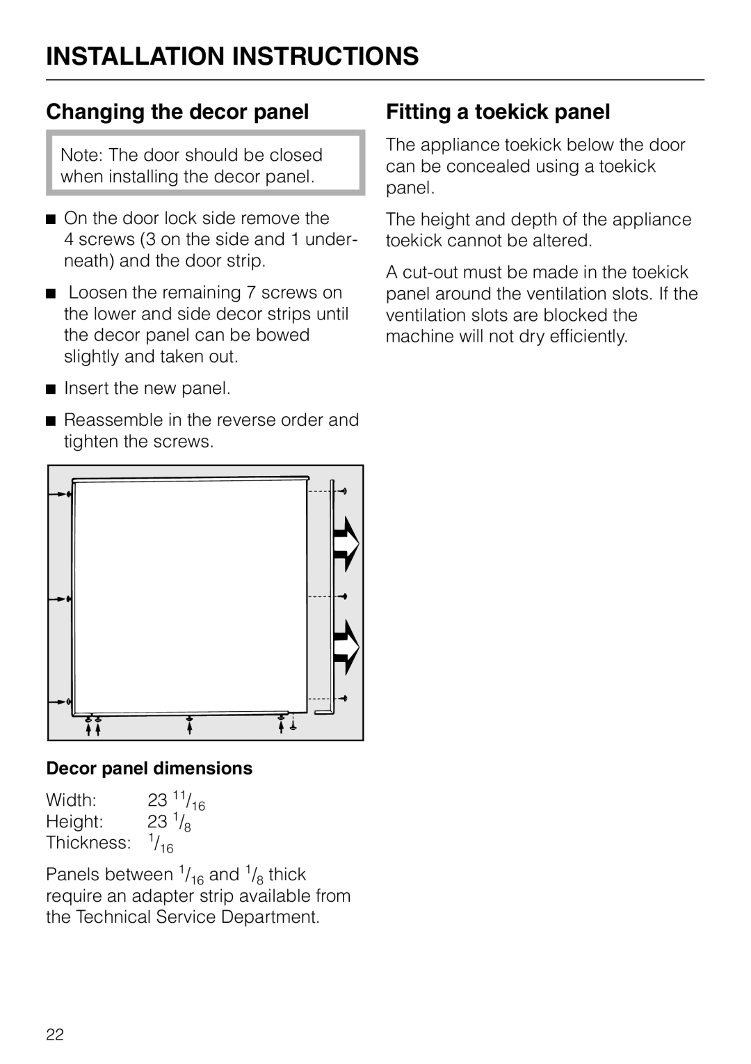 Miele T 1520 operating instructions Changing the decor panel, Fitting a toekick panel, Decor panel dimensions 