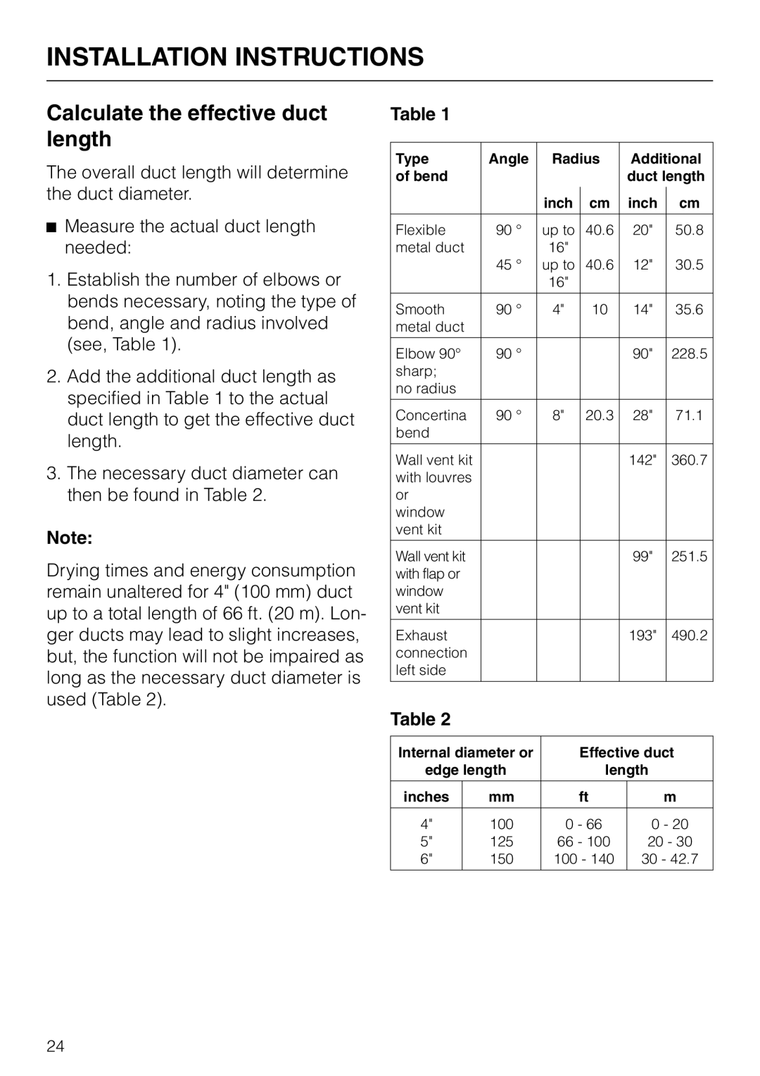 Miele T 1520 operating instructions Calculate the effective duct length, Type Angle Radius Additional Bend Duct length Inch 