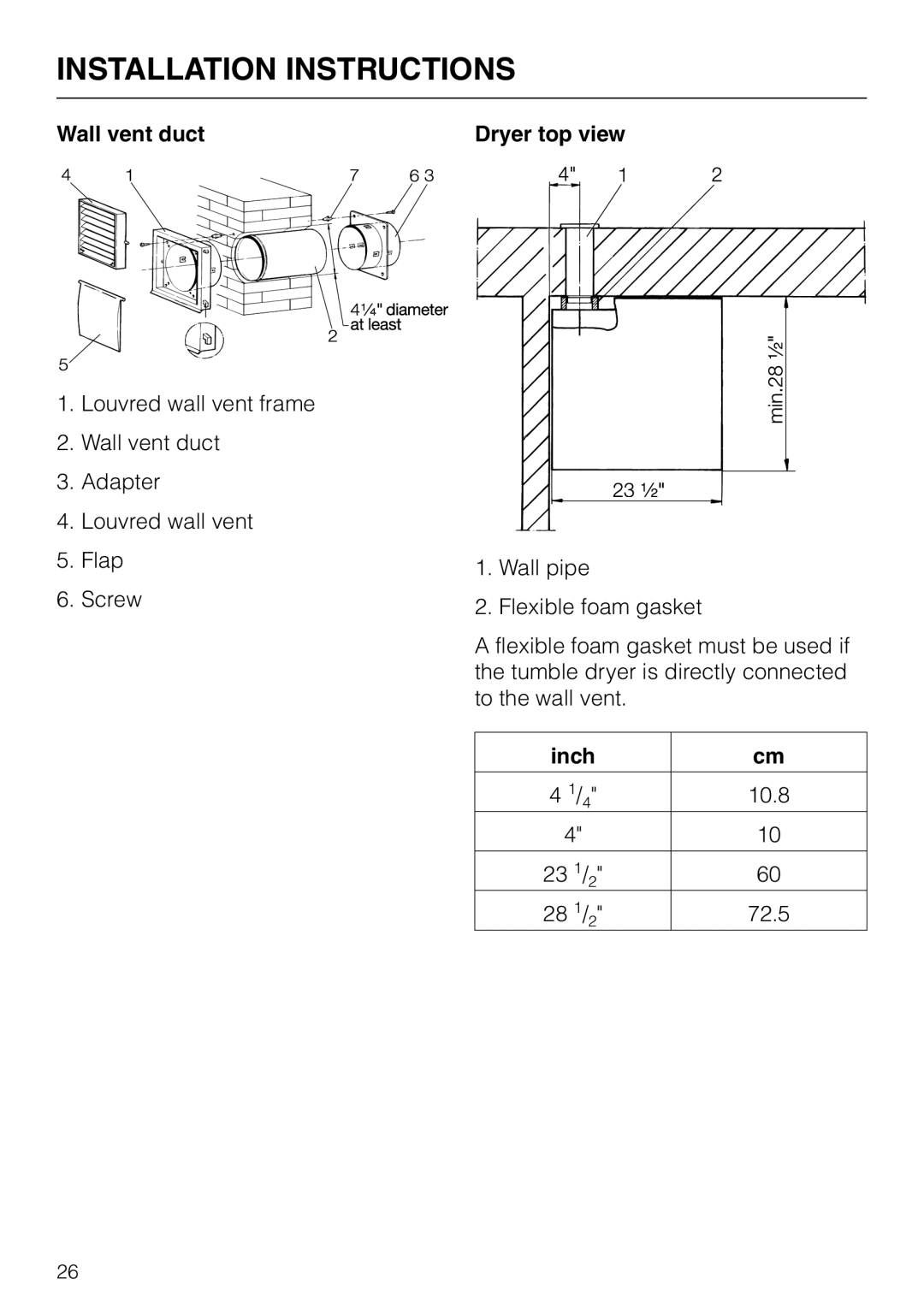 Miele T 1520 operating instructions Wall vent duct, Inch 