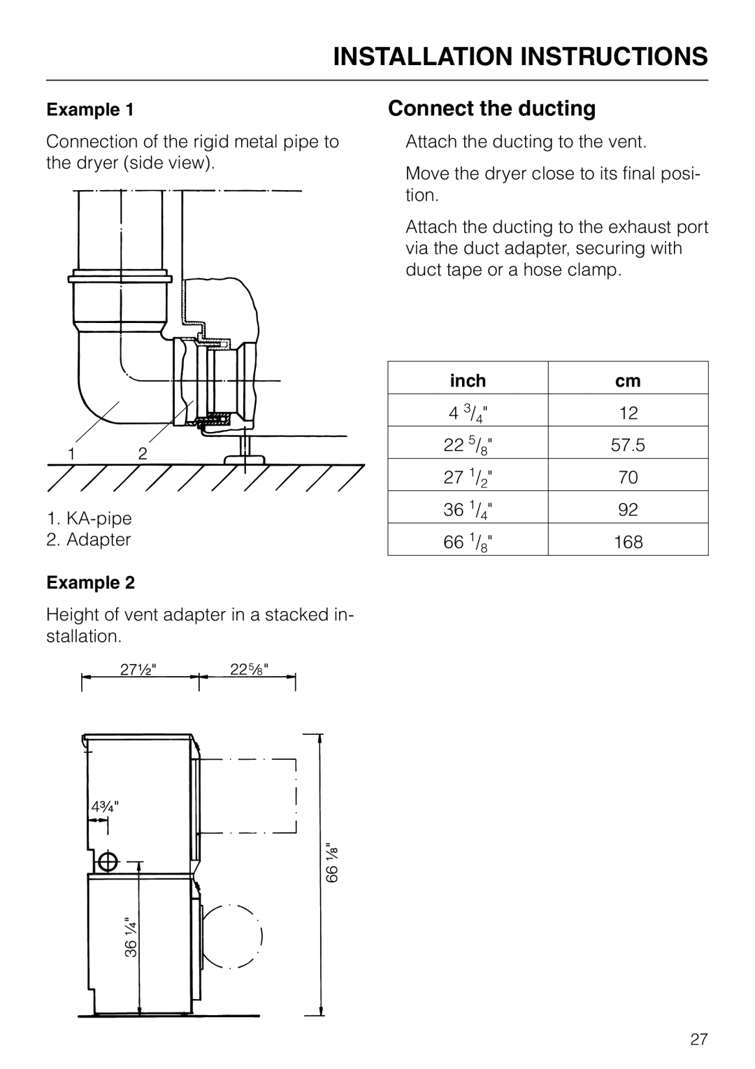 Miele T 1520 operating instructions Connect the ducting, Example 