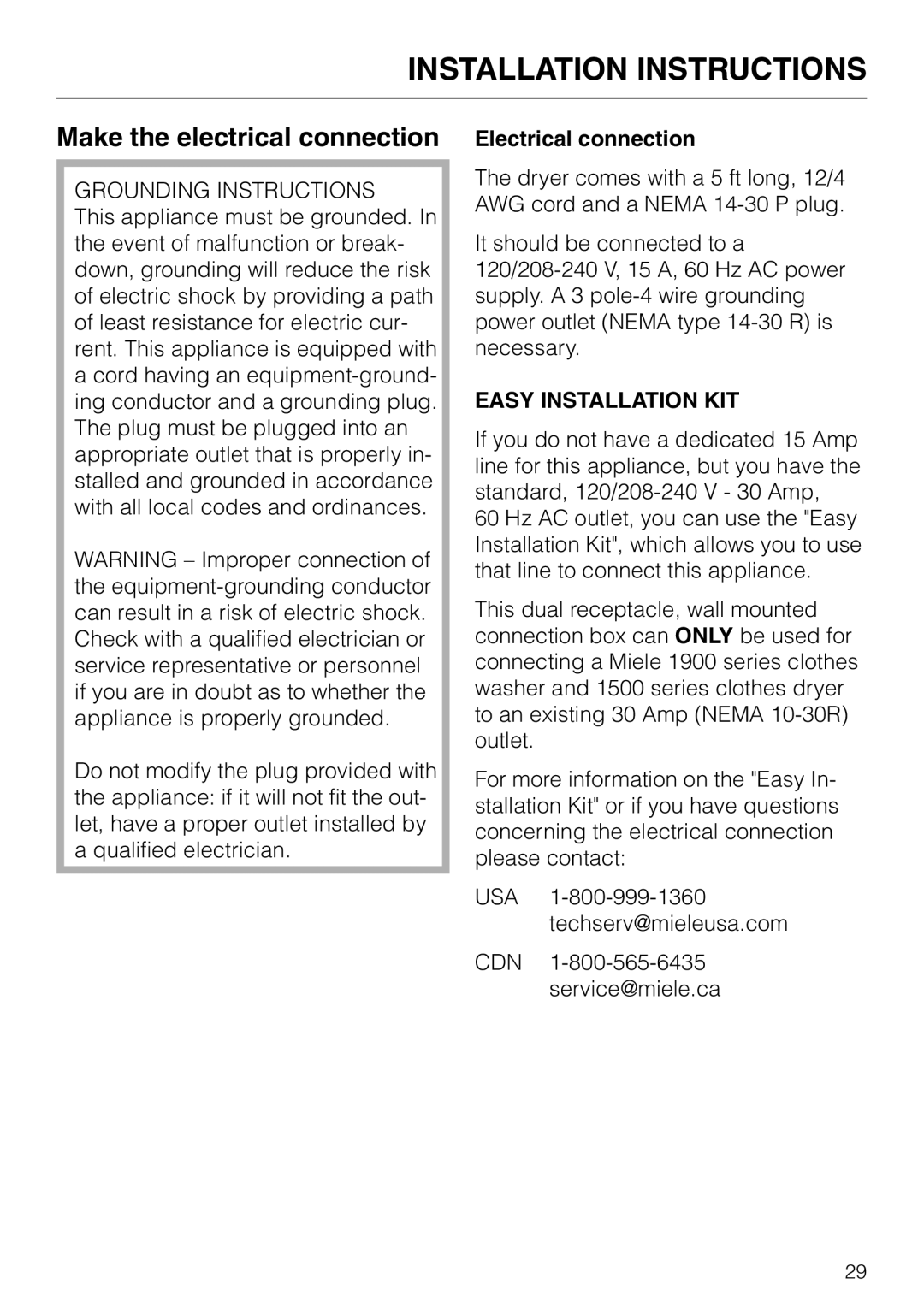 Miele T 1520 operating instructions Make the electrical connection, Electrical connection 