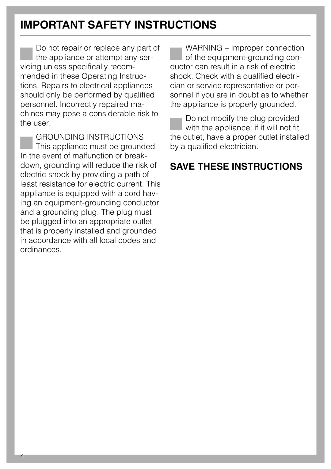 Miele T 1520 operating instructions Important Safety Instructions 