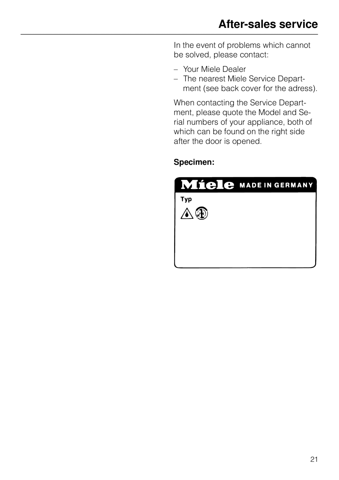 Miele T 1565 C operating instructions After-sales service, Specimen 