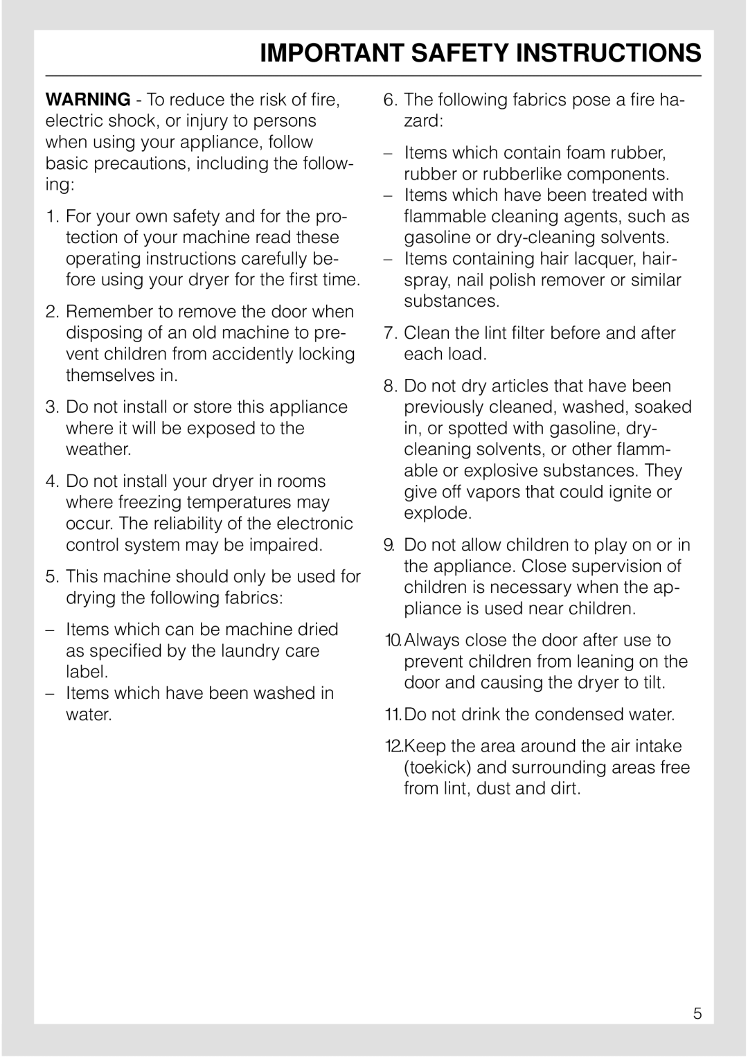 Miele T 1565 C operating instructions Important Safety Instructions 