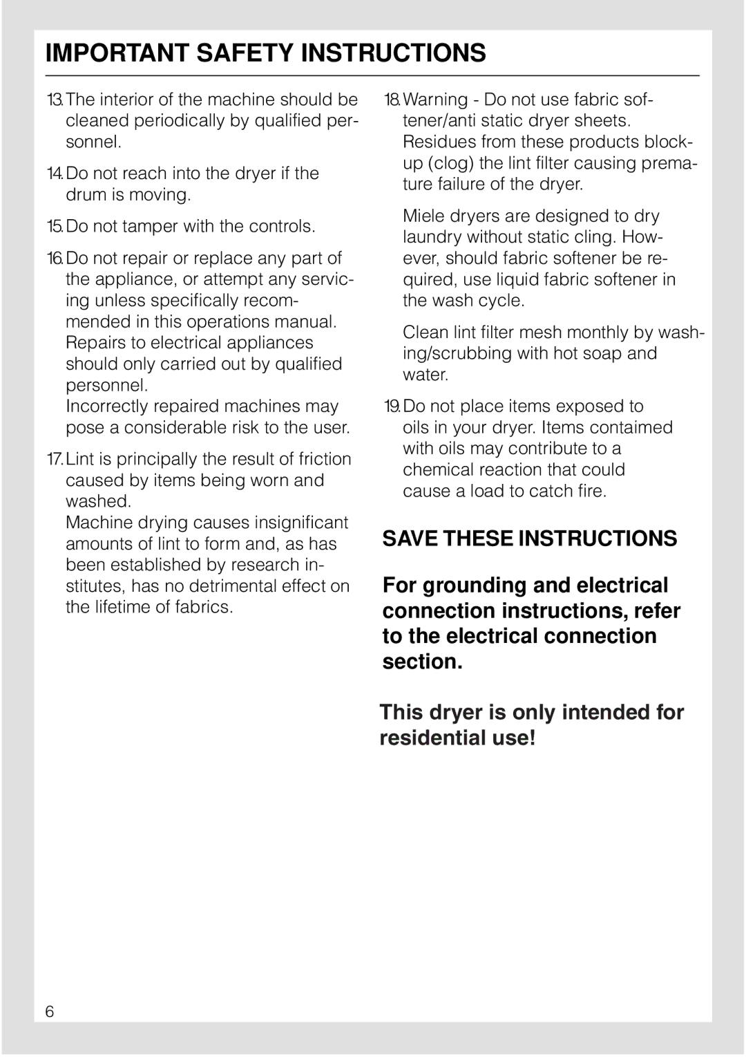 Miele T 1565 C operating instructions Important Safety Instructions 