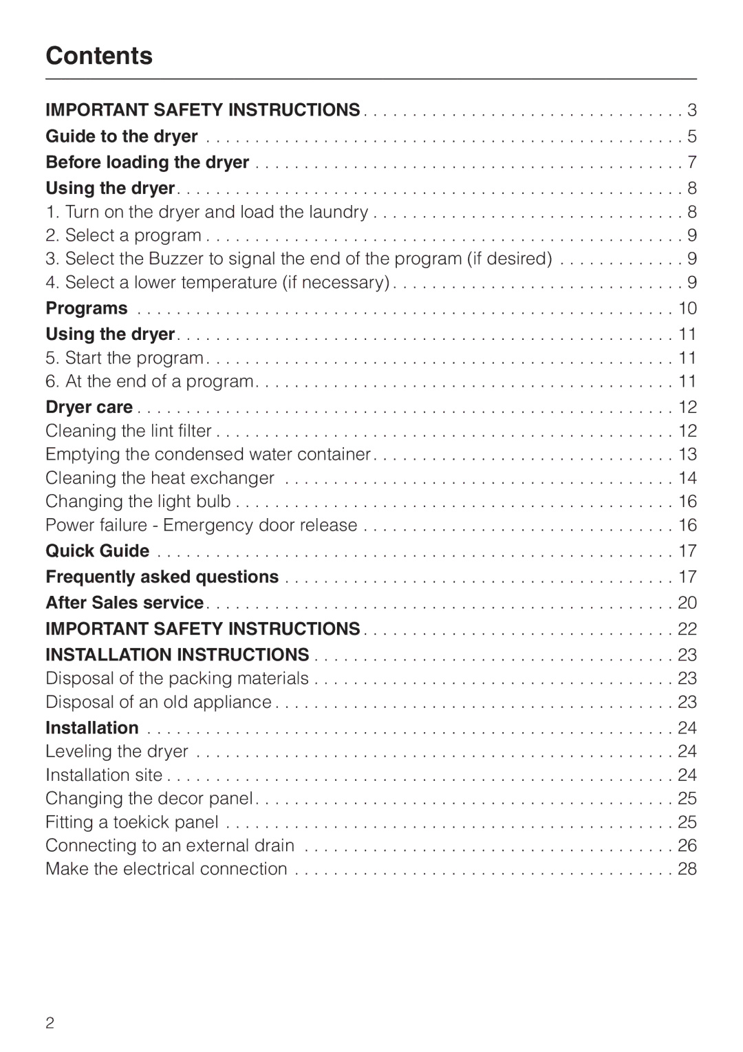 Miele T 1570 C, Condenser Dryer operating instructions Contents 