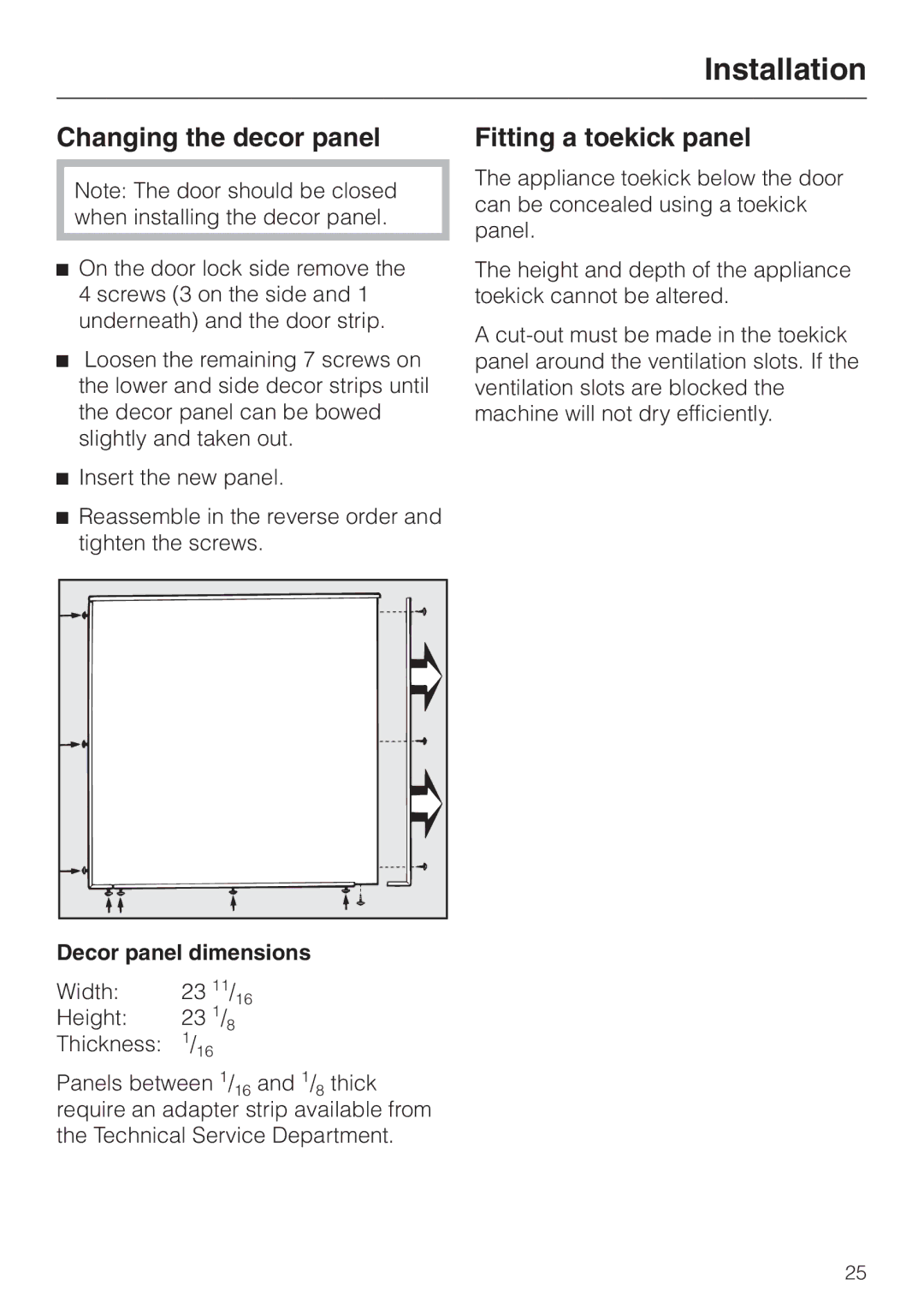 Miele Condenser Dryer, T 1570 C Changing the decor panel, Fitting a toekick panel, Decor panel dimensions 