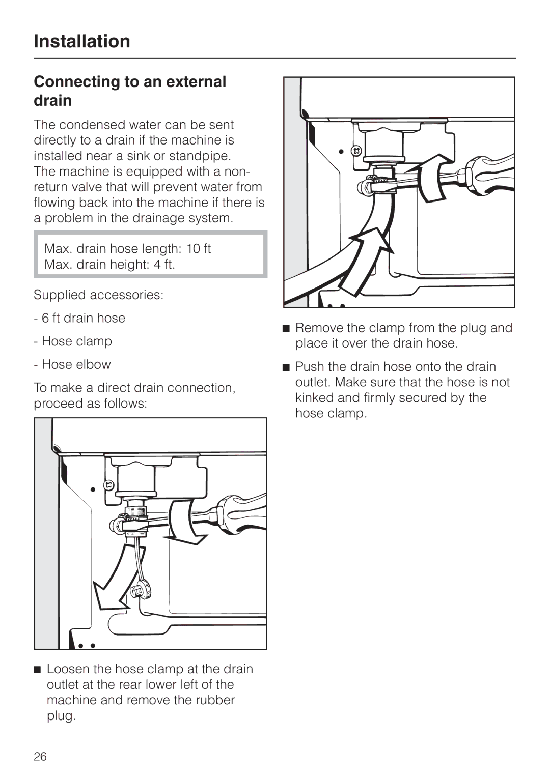 Miele T 1570 C, Condenser Dryer operating instructions Connecting to an external drain 