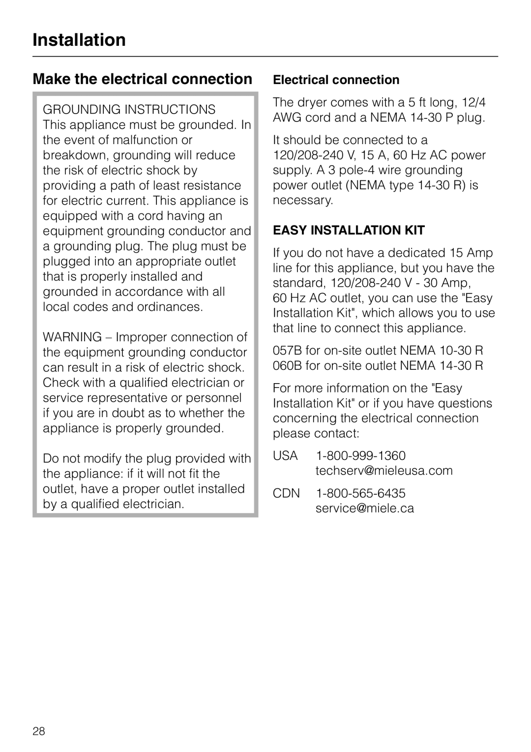 Miele T 1570 C, Condenser Dryer operating instructions Make the electrical connection, Electrical connection 