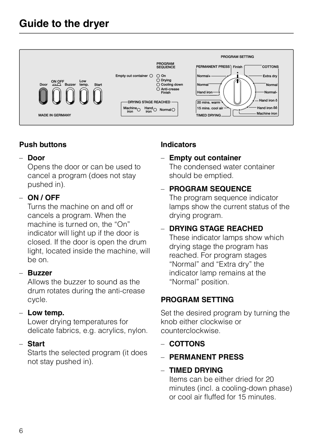 Miele T 1570 C, Condenser Dryer Push buttons Door, On / OFF, Buzzer, Low temp, Start, Indicators Empty out container 