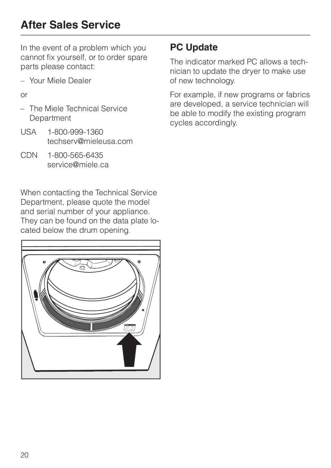 Miele T 1576 operating instructions After Sales Service, PC Update 