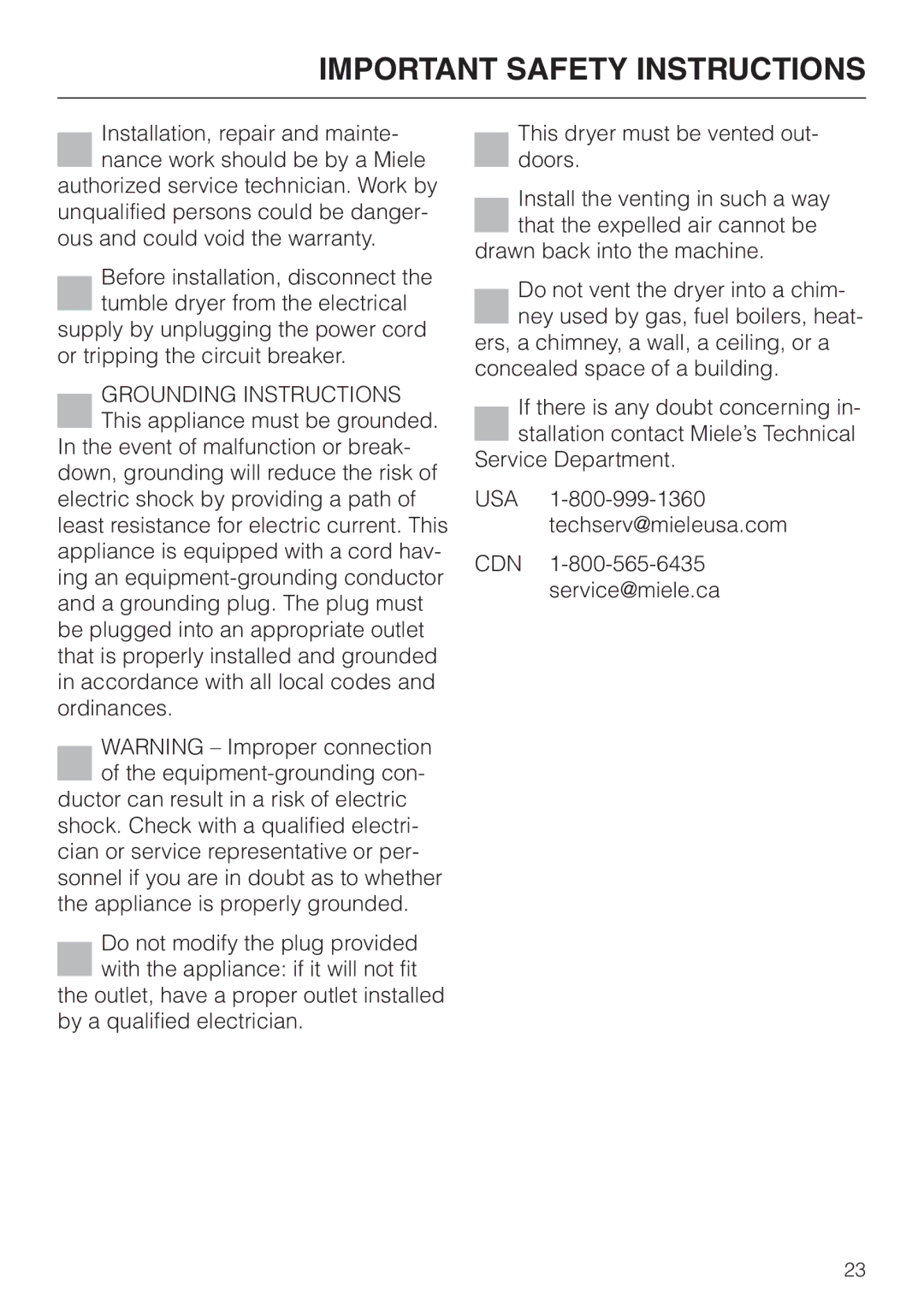 Miele T 1576 operating instructions Important Safety Instructions 