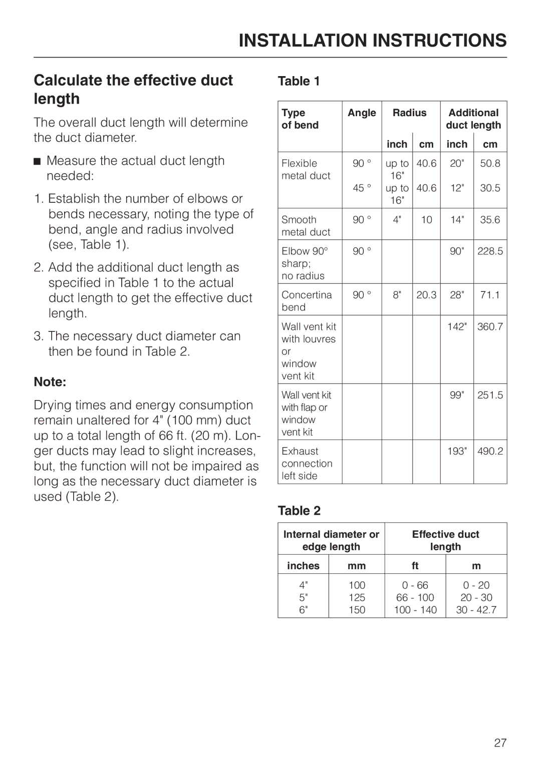 Miele T 1576 operating instructions Calculate the effective duct length, Type Angle Radius Additional Bend Duct length Inch 