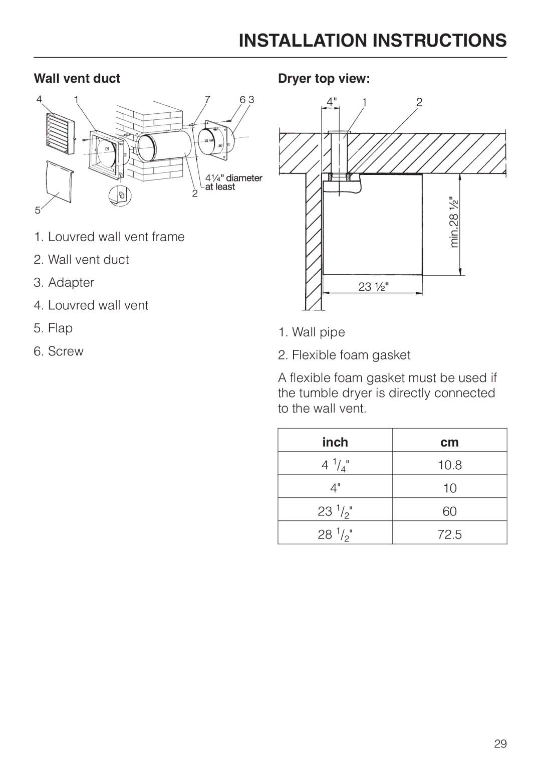 Miele T 1576 operating instructions Wall vent duct Dryer top view, Inch 