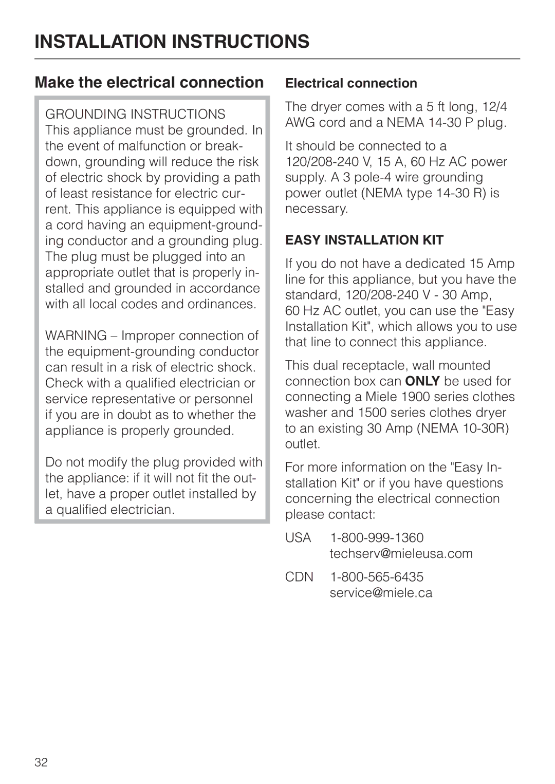 Miele T 1576 operating instructions Make the electrical connection, Electrical connection 