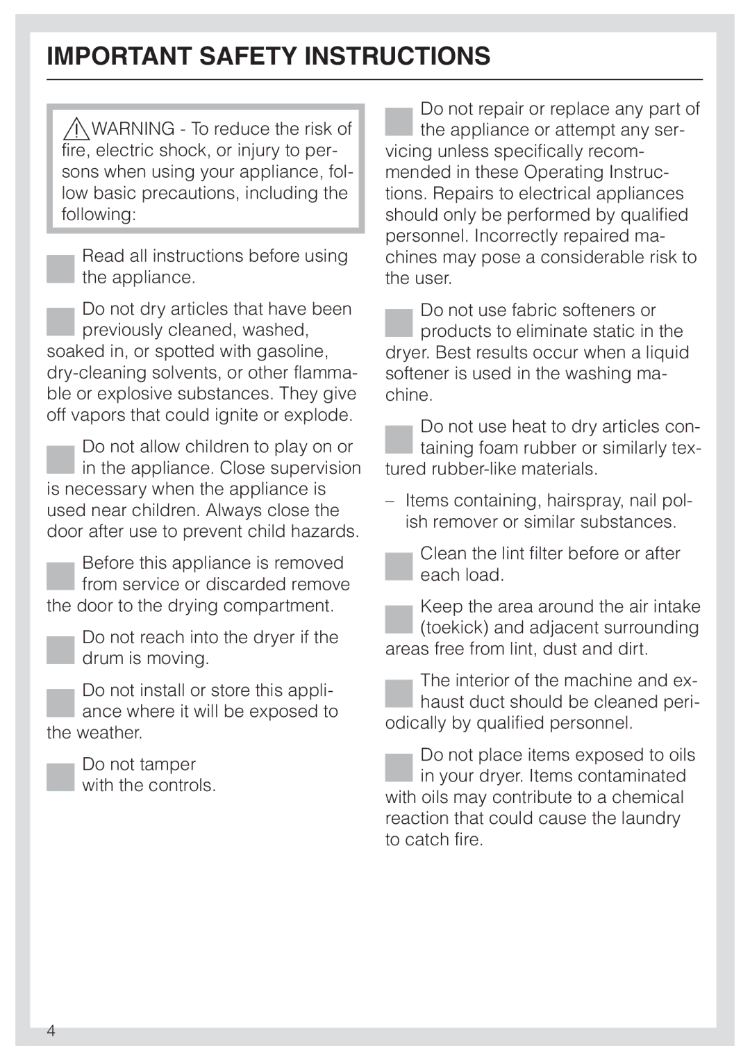 Miele T 1576 operating instructions Important Safety Instructions 