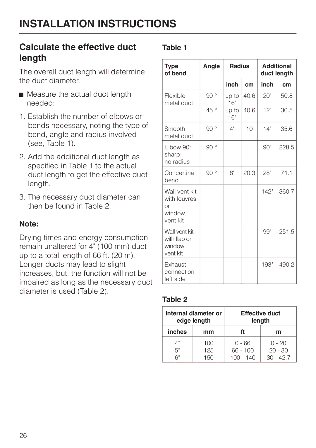 Miele T 1576 operating instructions Calculate the effective duct length, Type Angle Radius Additional Bend Duct length Inch 