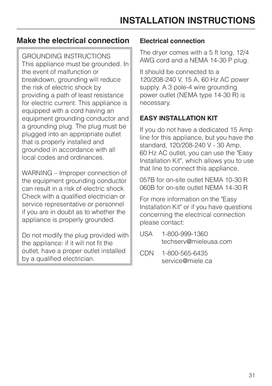 Miele T 1576 operating instructions Make the electrical connection, Electrical connection 