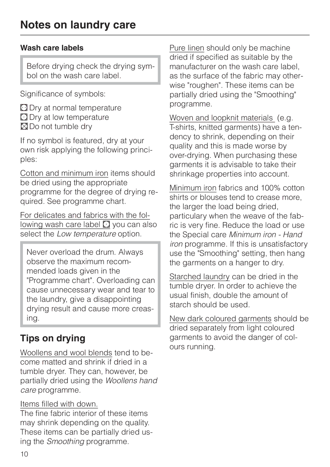 Miele T 220 operating instructions Tips on drying, Wash care labels 