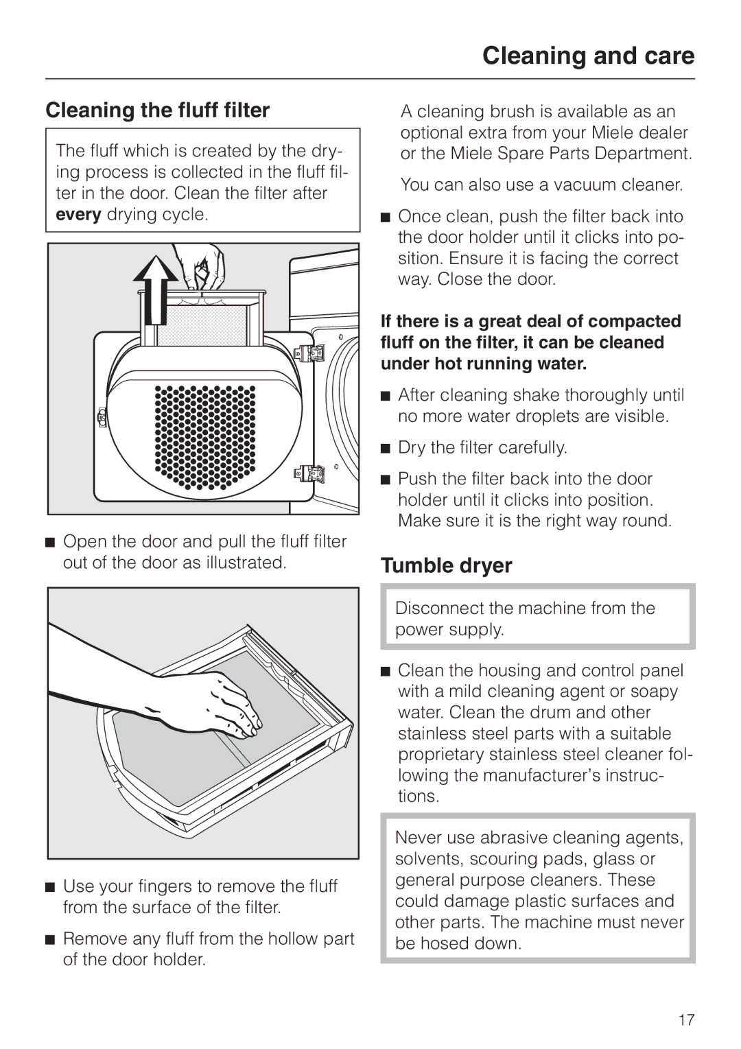 Miele T 220 operating instructions Cleaning and care, Cleaning the fluff filter, Tumble dryer 