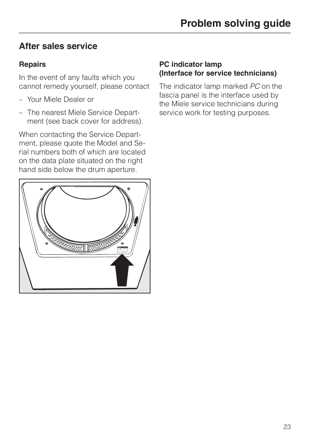 Miele T 220 operating instructions After sales service, Repairs, PC indicator lamp Interface for service technicians 