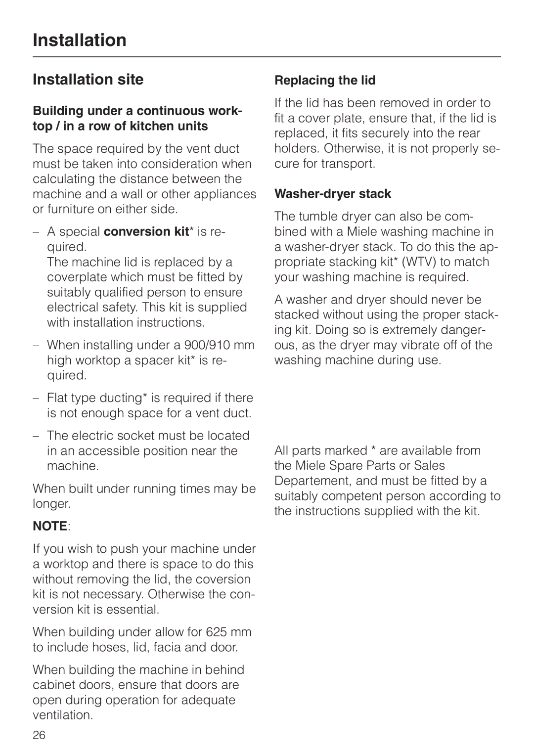 Miele T 220 operating instructions Installation site, Replacing the lid, Washer-dryer stack 