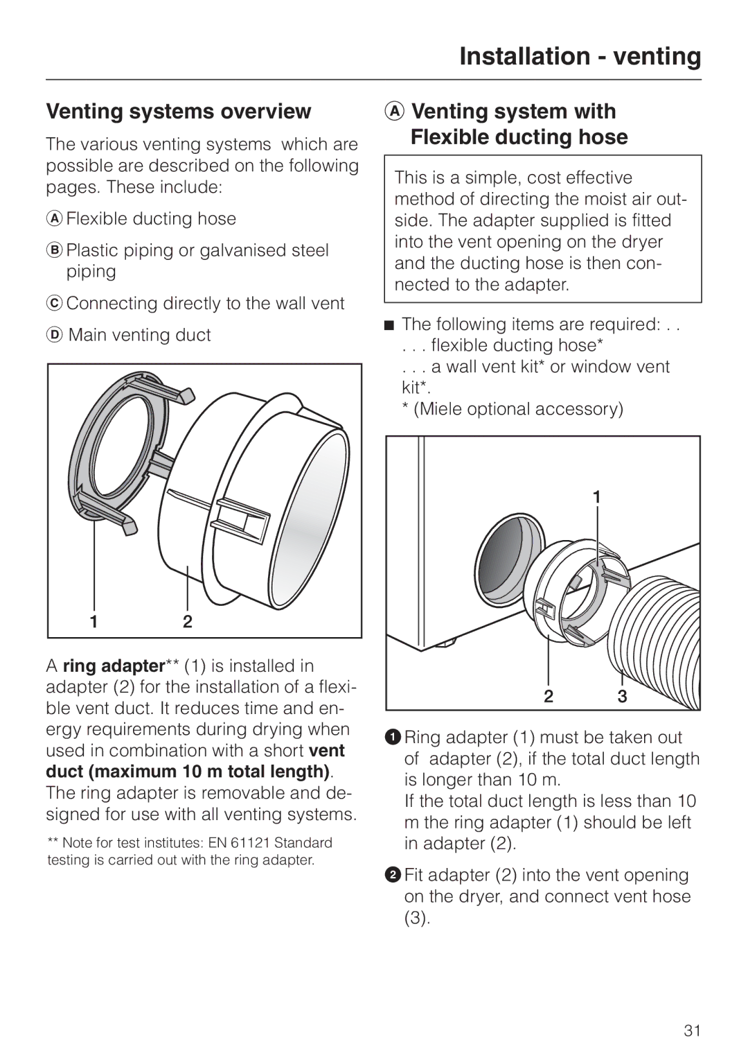 Miele T 220 operating instructions Venting systems overview, Venting system with Flexible ducting hose 