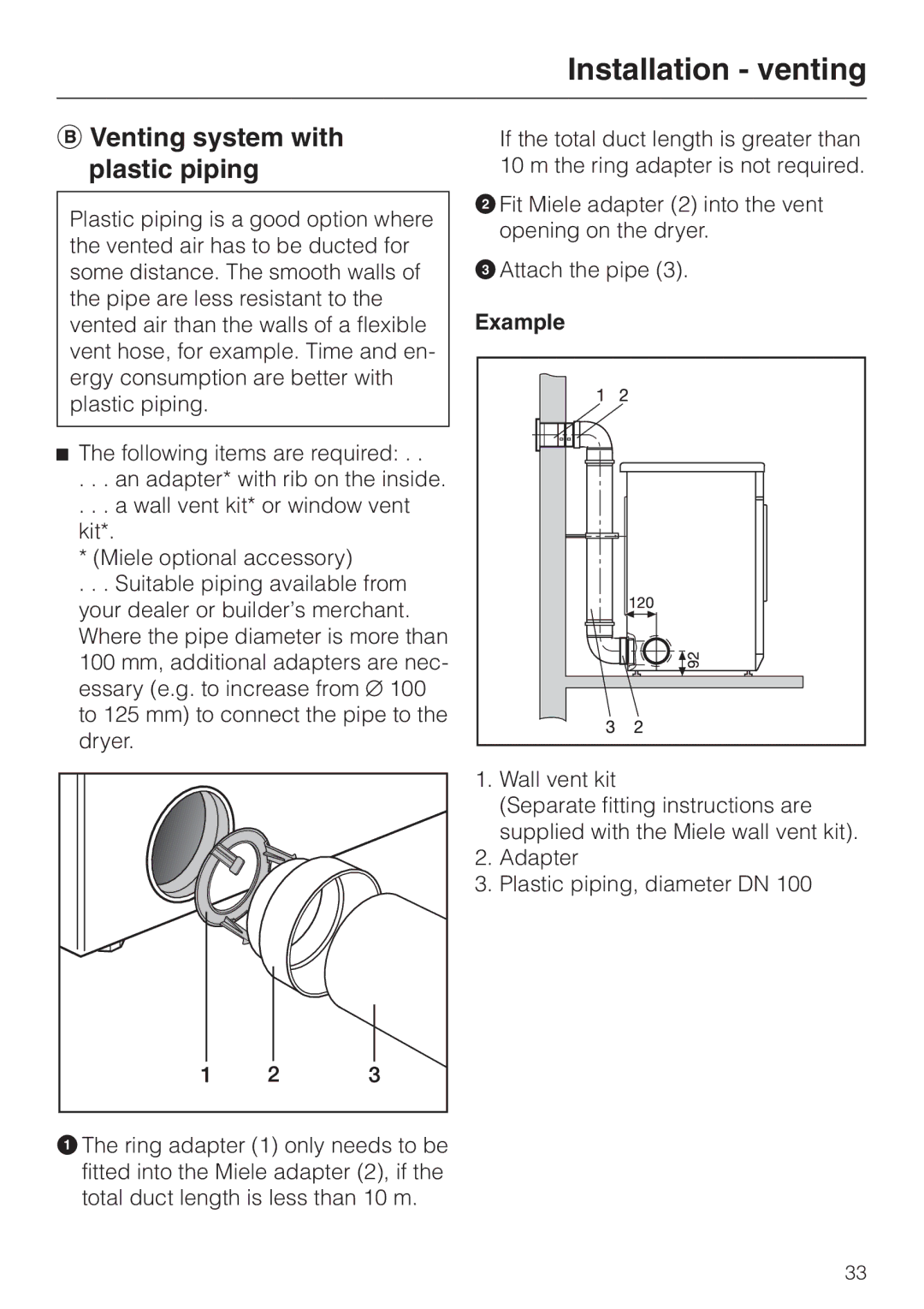 Miele T 220 operating instructions Venting system with plastic piping, Example 