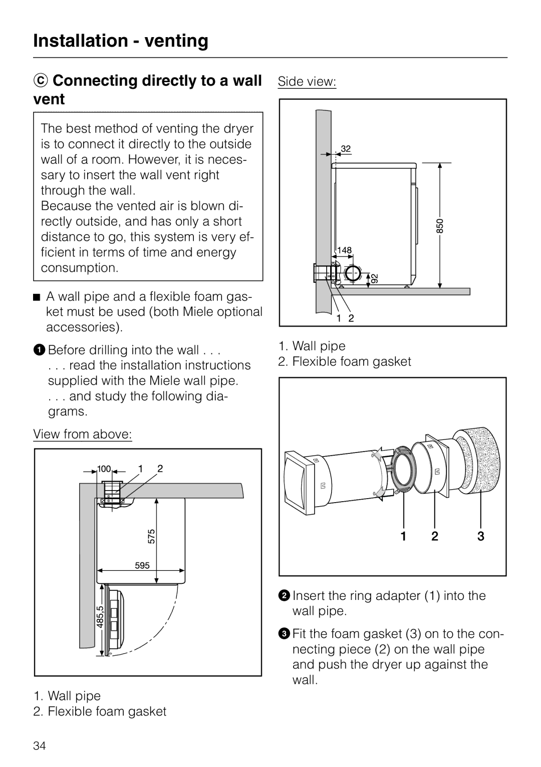 Miele T 220 operating instructions Connecting directly to a wall vent 