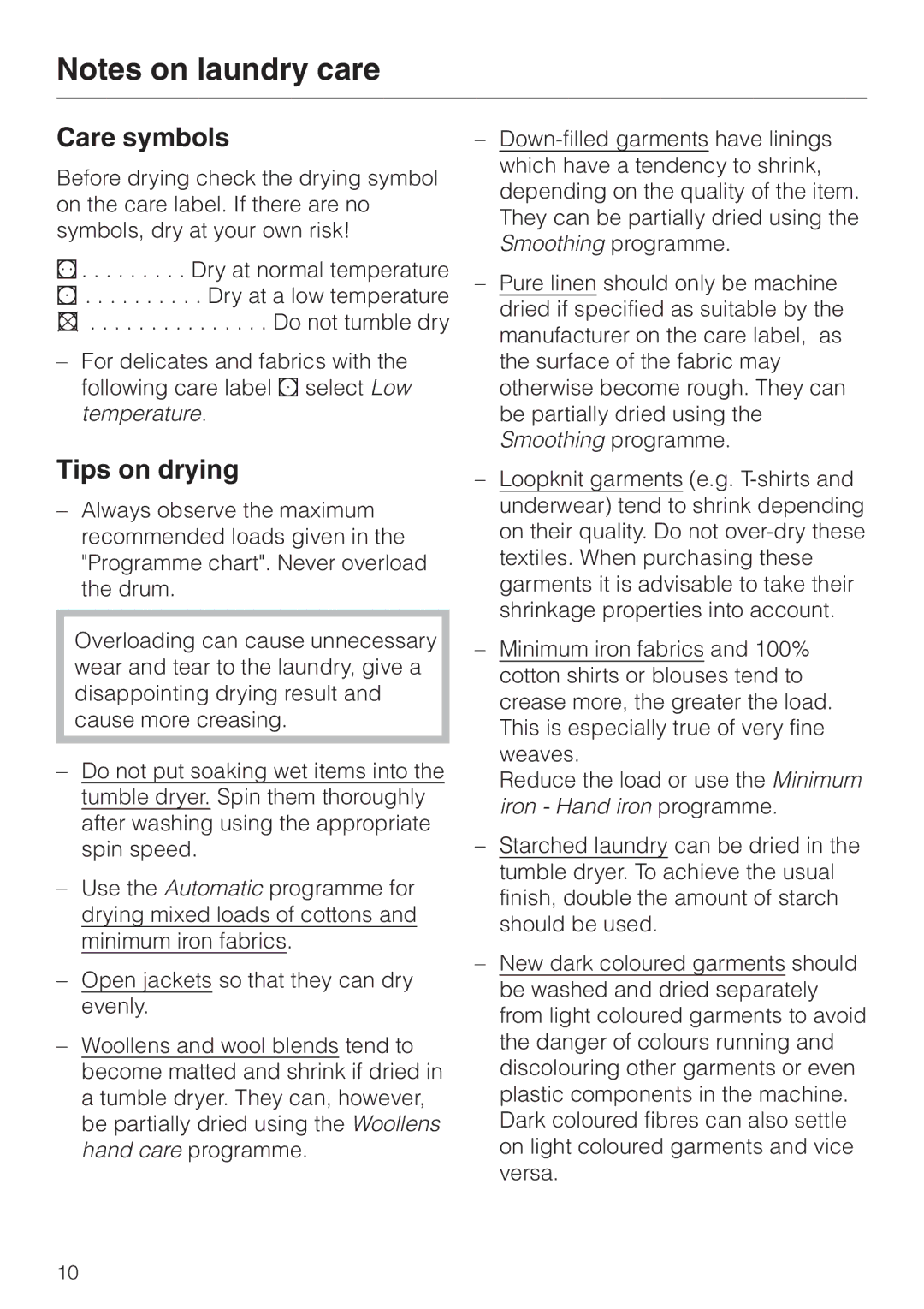 Miele T 4262 C operating instructions Care symbols, Tips on drying 