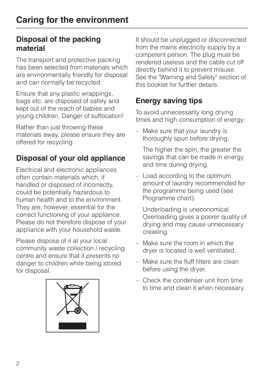 Miele T 4262 C Caring for the environment, Disposal of the packing material, Disposal of your old appliance 