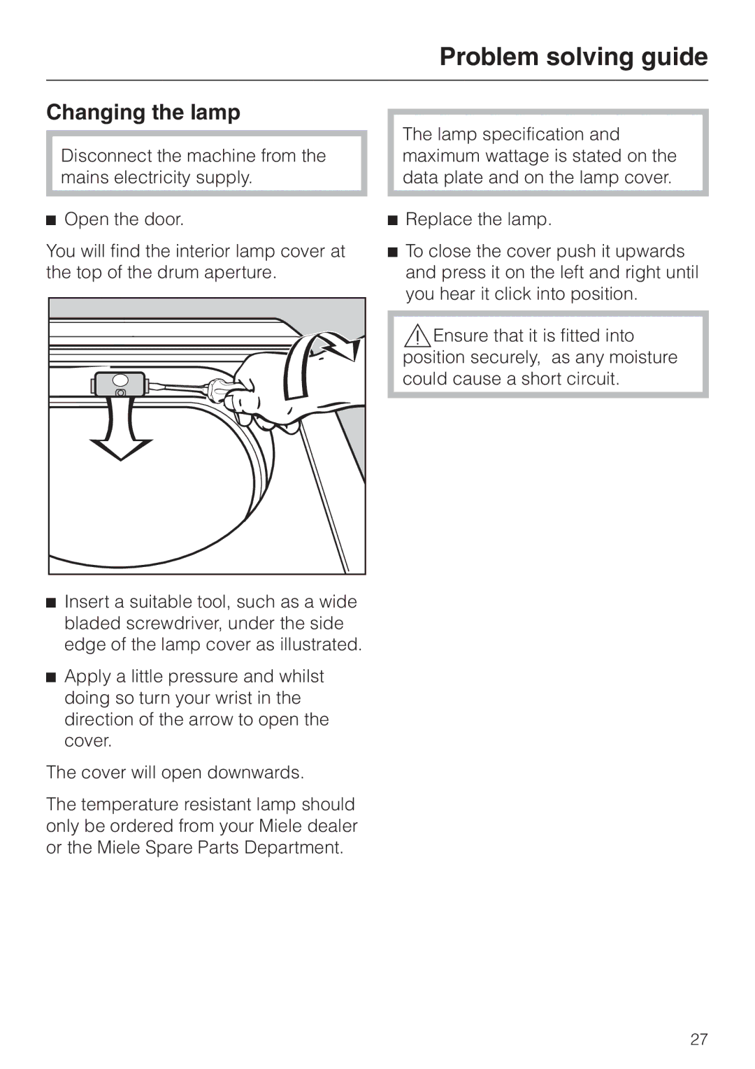 Miele T 4262 C operating instructions Changing the lamp 